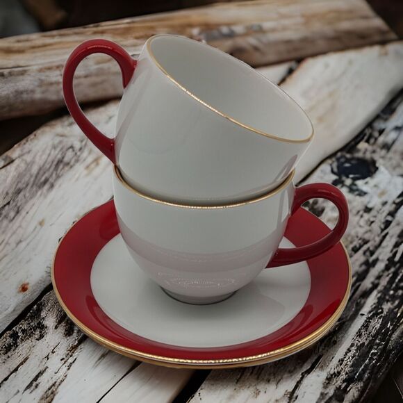 Service for Two 4 Piece Ten Strawberry Street Red Gold Cup Saucer Dish Gift Set - Picture 4 of 11